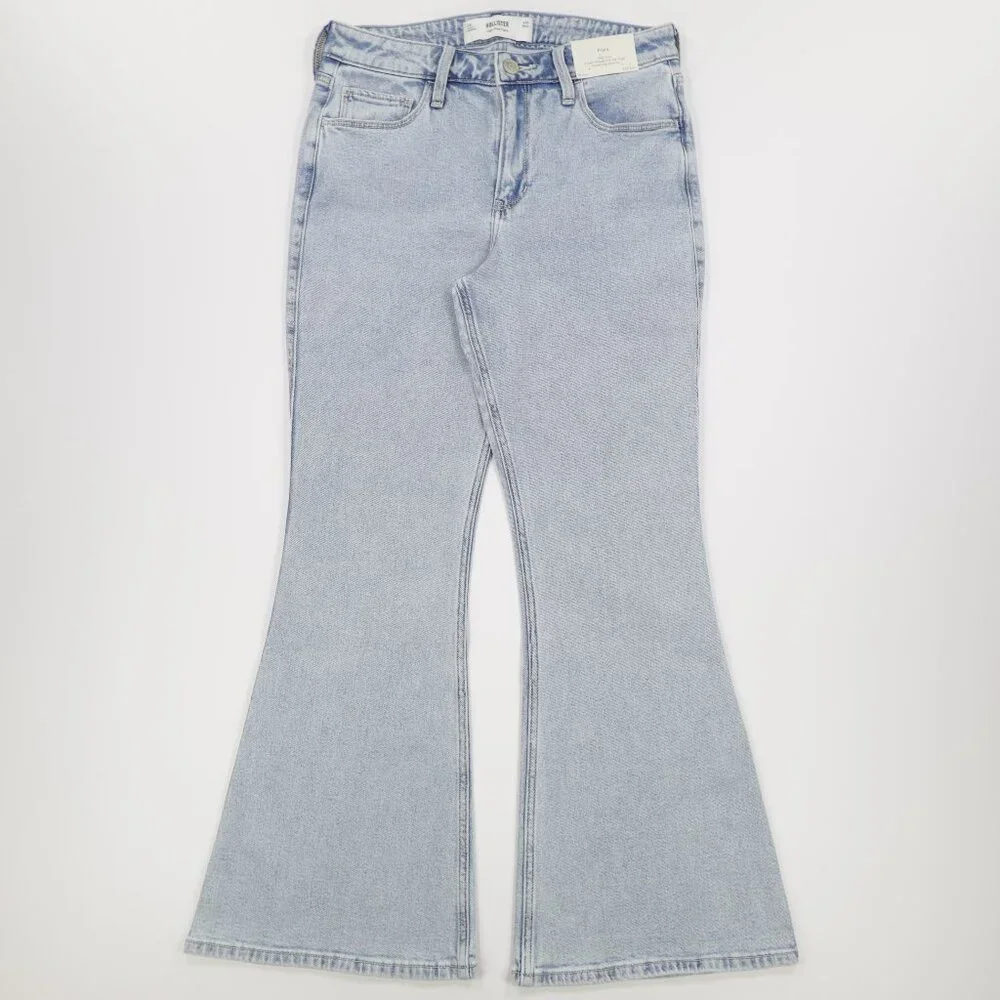 Hollister Women's Heart Embroidered High Rise Denim Flare Jeans‎ Light Blue 12s